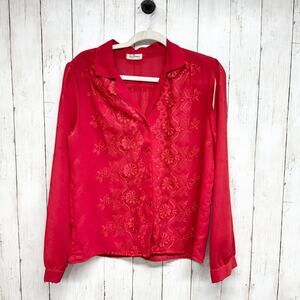 Vtg La Bonne Blouse Women 41" Chest Red Collared Embroider Long Sleeve Button Up